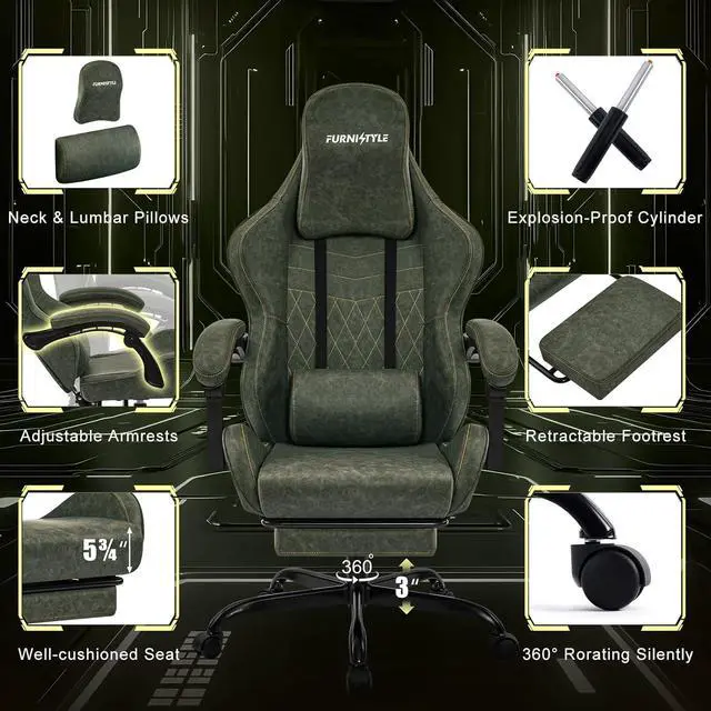 Alt view image 7 of 7 - Gaming Chair Big and Tall, Green Leather Video Game Chairs with Footrest, Padded Linkage Armrests & Large Headrest, Ergonomic Computer Chair 350lbs for Adults Gaming or Office Use