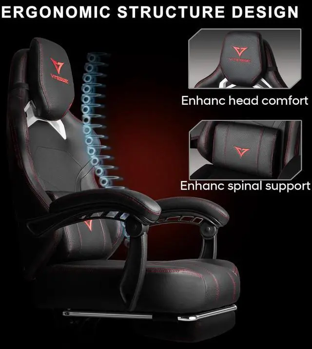 Alt view image 5 of 7 - VITESSE Big and Tall Gaming Chair 400lb Weight Capacity with Footrest, Ergonomic Video Game Chair for Adults with Oversized Headrest and Lumbar Pillow, Computer Chair Gaming for Office (Black+Red)