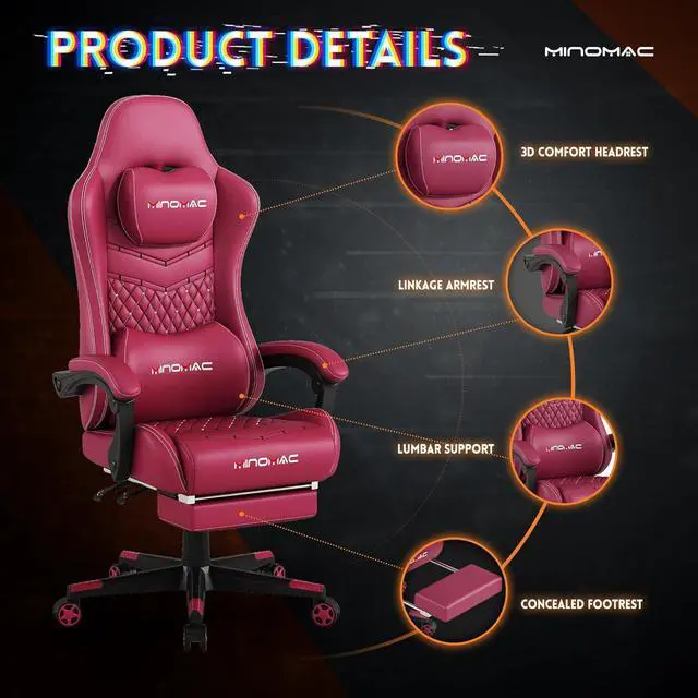 Alt view image 4 of 7 - Gaming Chair,Ergonomic Computer Gaming Chair,400lb Load-Bearing,Retractable Footrest/Waist Support/Ergonomic Backrest[Spring + 4D Sponge] (RED)