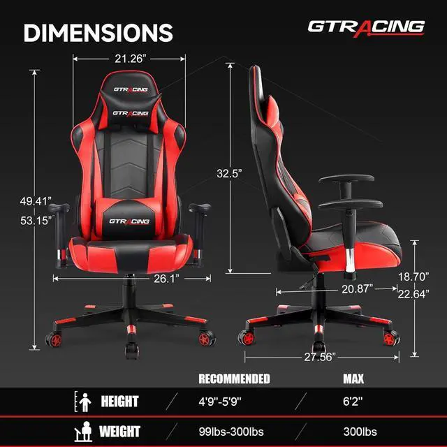 Alt view image 3 of 7 - GTRACING Gaming Chair with Reclining Backrest, Adjustable Height and Swivel Base, Ergonomic Computer Chair with Headrest and Lumbar Support (Red)