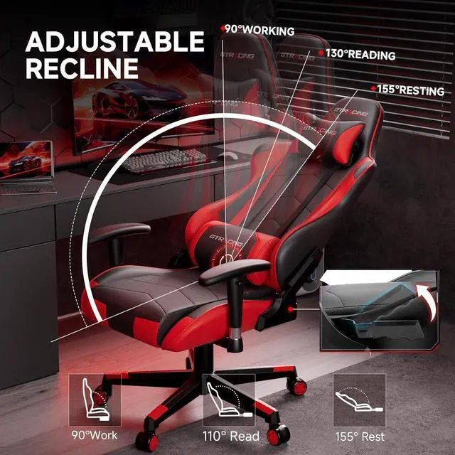 Alt view image 4 of 7 - GTRACING Gaming Chair with Reclining Backrest, Adjustable Height and Swivel Base, Ergonomic Computer Chair with Headrest and Lumbar Support (Red)