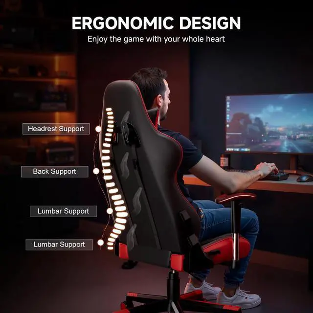 Alt view image 5 of 7 - GTRACING Gaming Chair with Reclining Backrest, Adjustable Height and Swivel Base, Ergonomic Computer Chair with Headrest and Lumbar Support (Red)