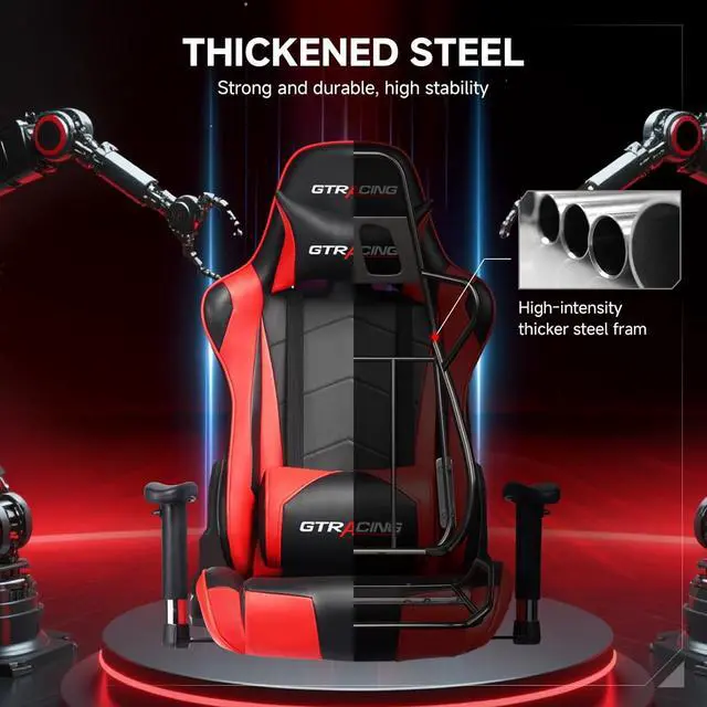 Alt view image 7 of 7 - GTRACING Gaming Chair with Reclining Backrest, Adjustable Height and Swivel Base, Ergonomic Computer Chair with Headrest and Lumbar Support (Red)