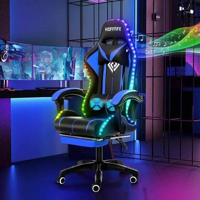 Main image of HOFFREE RGB Gaming Chair with Speakers Massage Computer Gaming Chair with LED Lights and Footrest High Back Video Game Chair for Adults Blue and Black