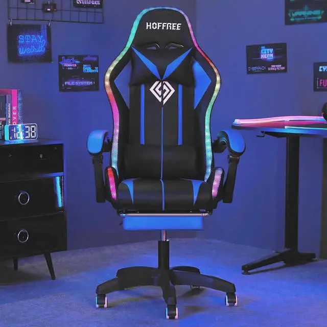 Alt view image 4 of 7 - HOFFREE RGB Gaming Chair with Speakers Massage Computer Gaming Chair with LED Lights and Footrest High Back Video Game Chair for Adults Blue and Black
