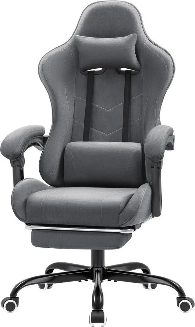 Main image of Fabric Gaming Chair with Footrest, Video Game Chair with Massage Lumbar Support and Adjustable Headrest, Ergonomic Racing Style Computer Chair (Grey)