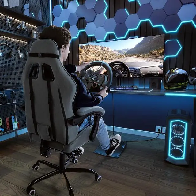 Alt view image 2 of 7 - Fabric Gaming Chair with Footrest, Video Game Chair with Massage Lumbar Support and Adjustable Headrest, Ergonomic Racing Style Computer Chair (Grey)