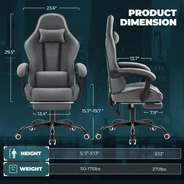 Alt view image 3 of 7 - Fabric Gaming Chair with Footrest, Video Game Chair with Massage Lumbar Support and Adjustable Headrest, Ergonomic Racing Style Computer Chair (Grey)