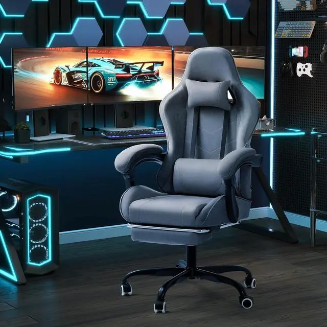 Alt view image 4 of 7 - Fabric Gaming Chair with Footrest, Video Game Chair with Massage Lumbar Support and Adjustable Headrest, Ergonomic Racing Style Computer Chair (Grey)