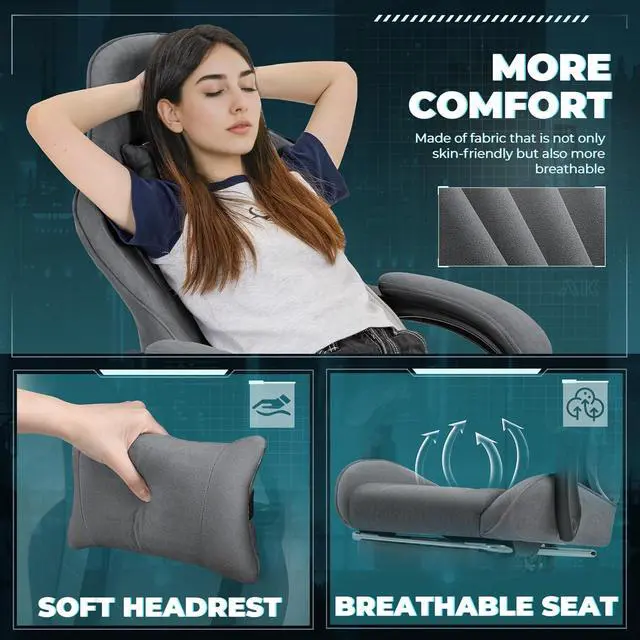 Alt view image 5 of 7 - Fabric Gaming Chair with Footrest, Video Game Chair with Massage Lumbar Support and Adjustable Headrest, Ergonomic Racing Style Computer Chair (Grey)