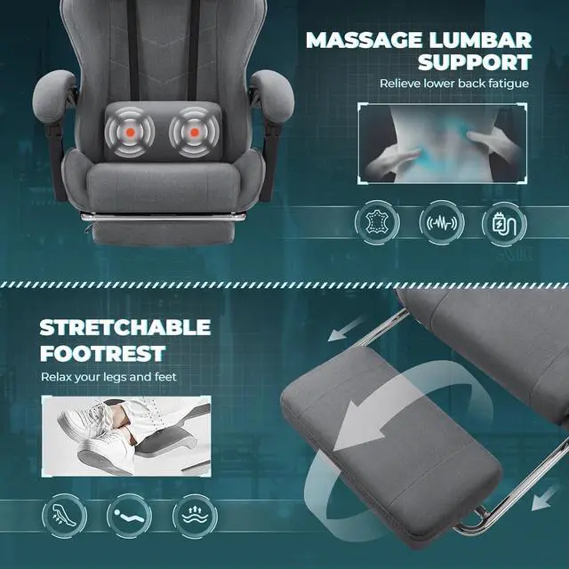 Alt view image 6 of 7 - Fabric Gaming Chair with Footrest, Video Game Chair with Massage Lumbar Support and Adjustable Headrest, Ergonomic Racing Style Computer Chair (Grey)