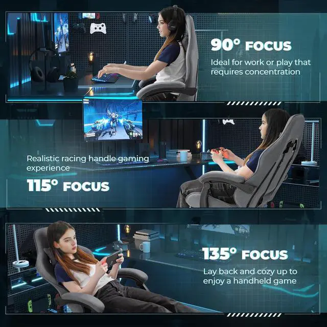 Alt view image 7 of 7 - Fabric Gaming Chair with Footrest, Video Game Chair with Massage Lumbar Support and Adjustable Headrest, Ergonomic Racing Style Computer Chair (Grey)