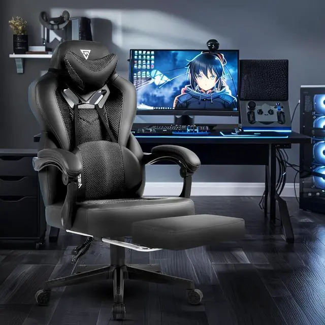 Alt view image 2 of 7 - Gaming Chair PRO, Ergonomic Gaming Chairs for Adults Heavy People, Massage Reclining Office Desk Computer Chair with Footrest and Lumbar Support, Big Tall Mesh Gamer Chair with Cushion (Black)
