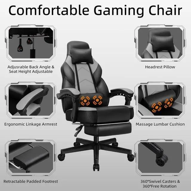 Alt view image 4 of 7 - Shintenchi Gaming Chair, Computer Chair with Footrest and Lumbar Support,Video Game Chair Height Adjustable,Racing Style Computer Chair with 360°-Swivel Seat and Headrest (Grey)