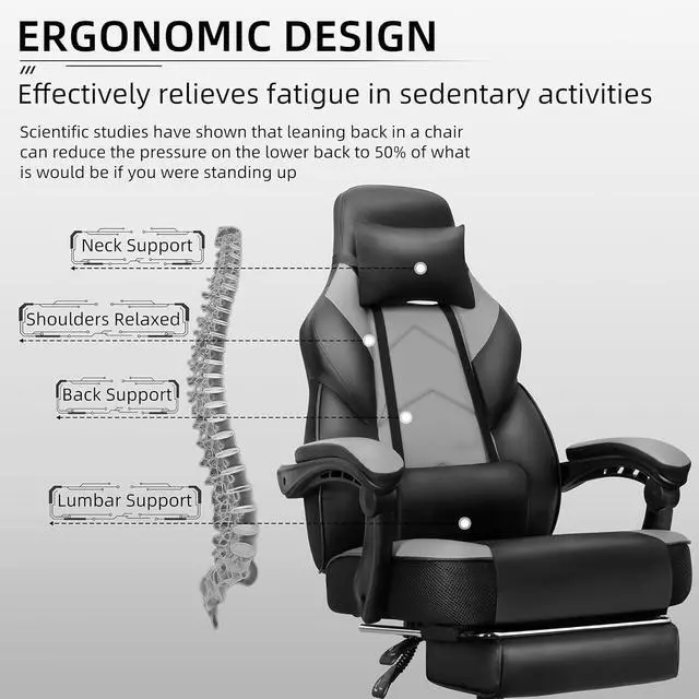 Alt view image 5 of 7 - Shintenchi Gaming Chair, Computer Chair with Footrest and Lumbar Support,Video Game Chair Height Adjustable,Racing Style Computer Chair with 360°-Swivel Seat and Headrest (Grey)