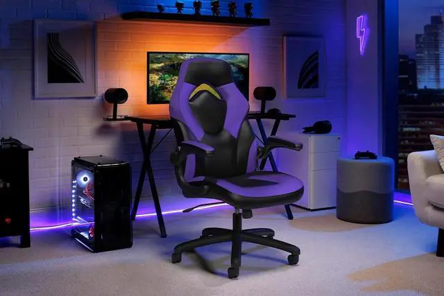 Alt view image 2 of 7 - RESPAWN 3085 Ergonomic Gaming Chair for Adults, High Back Office Chair with Headrest and Flip Up Arms, Leather Racing Style Gaming Seat with Lumbar Support, Video Game Computer Desk Seat - Purple