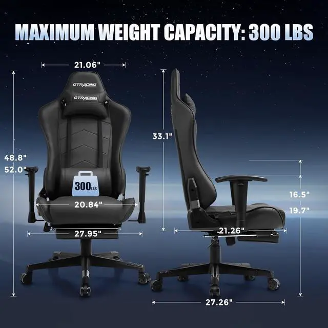 Alt view image 2 of 7 - GTRACING Gaming Chair with Footrest, Racing Style Computer Chair for Adult, Adjustable Reclining Backrest and Lumbar Support, Stylish High Back Chair for Gaming and Office (Black)