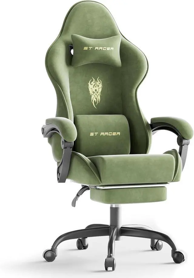 Main image of Ferghana Velvet Fabric Gaming Chair, High Back Ergonomic Gamer Chair for Adult, Comfortable Video Game Chair with Footrest and Massage Lumbar Cushion, Racing Reclining Office Computer Desk Chair Green