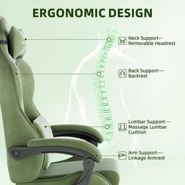 Alt view image 7 of 7 - Ferghana Velvet Fabric Gaming Chair, High Back Ergonomic Gamer Chair for Adult, Comfortable Video Game Chair with Footrest and Massage Lumbar Cushion, Racing Reclining Office Computer Desk Chair Green
