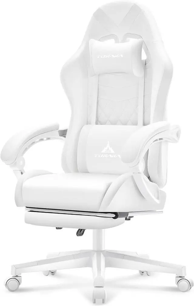 Main image of White Gaming Chair,Ergonomic Massage Computer Office Desk Chair with Footrest,Pocket Spring Cushion,Reclining Leather Adjustable Gamer Chair with Headrest and Lumbar Support,White