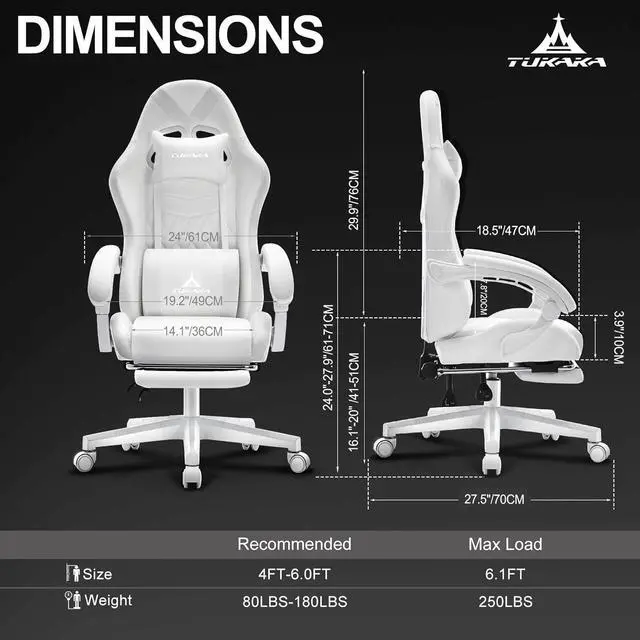 Alt view image 3 of 7 - White Gaming Chair,Ergonomic Massage Computer Office Desk Chair with Footrest,Pocket Spring Cushion,Reclining Leather Adjustable Gamer Chair with Headrest and Lumbar Support,White