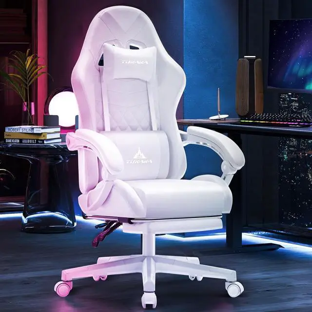 Alt view image 2 of 7 - White Gaming Chair,Ergonomic Massage Computer Office Desk Chair with Footrest,Pocket Spring Cushion,Reclining Leather Adjustable Gamer Chair with Headrest and Lumbar Support,White