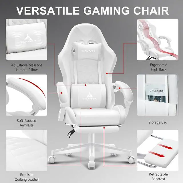 Alt view image 5 of 7 - White Gaming Chair,Ergonomic Massage Computer Office Desk Chair with Footrest,Pocket Spring Cushion,Reclining Leather Adjustable Gamer Chair with Headrest and Lumbar Support,White