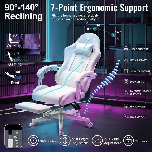 Alt view image 6 of 7 - White Gaming Chair,Ergonomic Massage Computer Office Desk Chair with Footrest,Pocket Spring Cushion,Reclining Leather Adjustable Gamer Chair with Headrest and Lumbar Support,White