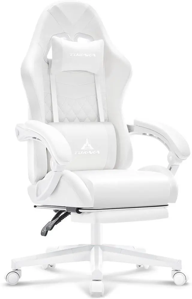 Alt view image 7 of 7 - White Gaming Chair,Ergonomic Massage Computer Office Desk Chair with Footrest,Pocket Spring Cushion,Reclining Leather Adjustable Gamer Chair with Headrest and Lumbar Support,White