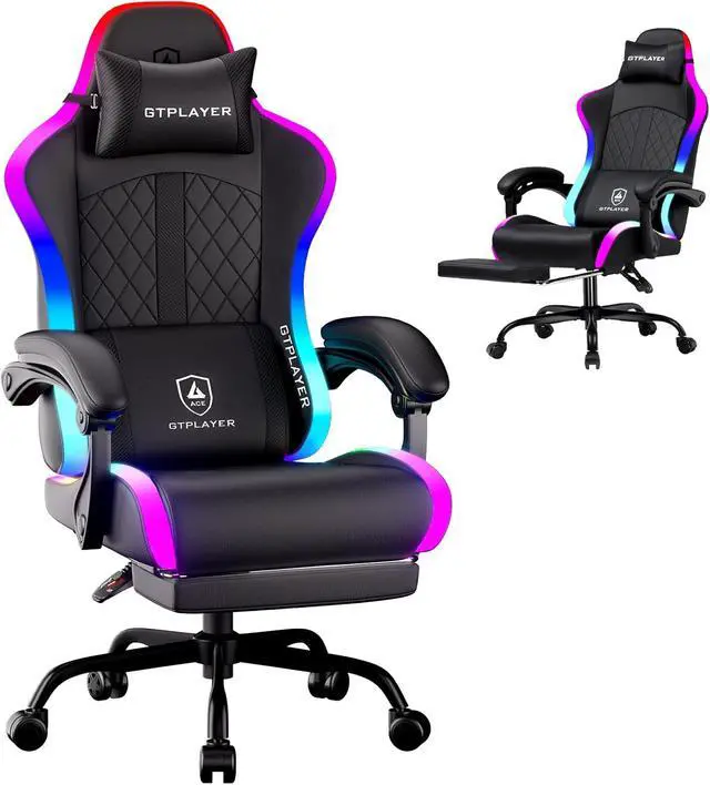 Main image of GTPLAYER RGB Gaming Chair, Computer Gamer Chair with Footrest and LED Lights, PC Gamer Chairs for Adults, High Back Reclining Office Chairs, Linkage Armrest (Black)