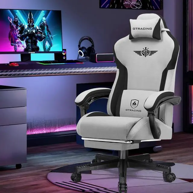 Alt view image 2 of 7 - GTRACING Gaming Chair, Computer Office Chair Lumbar Support, Linkage Armrests and Footrest, Ergonomic Game Chair for Adults with Extended Backrest, Fabric, Grey