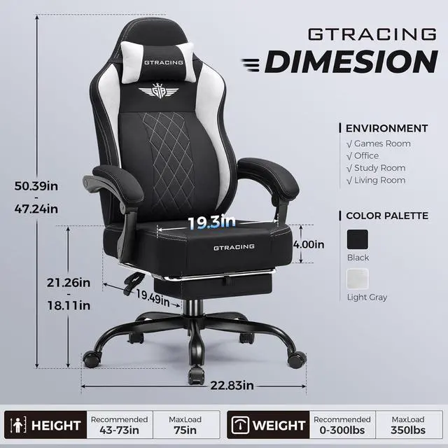 Alt view image 2 of 7 - GTPLAYER Big and Tall Gaming Chair Breathable Fabric Computer Chair with Strong Lumbar Support, Comfortable Office Chairs with Pocket Spring Cushion, High Back Ergonomic Desk Chairs with Footrest