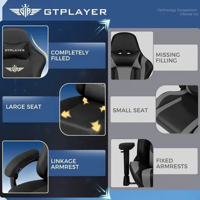 Alt view image 7 of 7 - GTPLAYER Gaming Chair Fabric with Pocket Spring Cushion, High Back Ergonomic Computer Chair with Footrest for Adults Lumbar Support Swivel Game Chair for Office Gaming 350LBS, Black