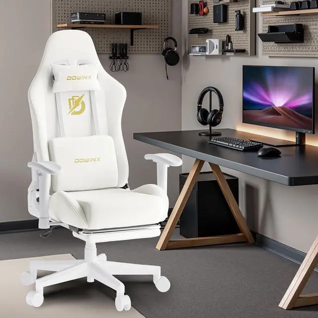 Alt view image 2 of 7 - Dowinx Gaming Chair with Suede Fabric, Ergonomic Computer Chair with Massage Lumbar Support and Footrest, High Back Reclining Game Office Chair for Adults, Ivory