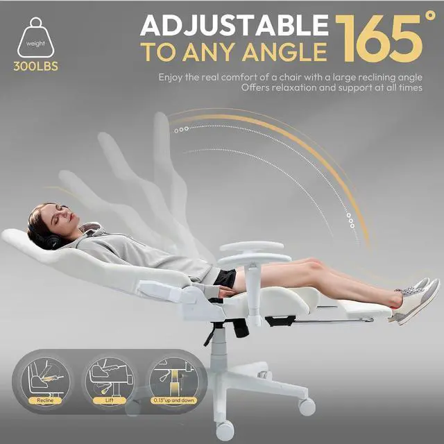 Alt view image 7 of 7 - Dowinx Gaming Chair with Suede Fabric, Ergonomic Computer Chair with Massage Lumbar Support and Footrest, High Back Reclining Game Office Chair for Adults, Ivory