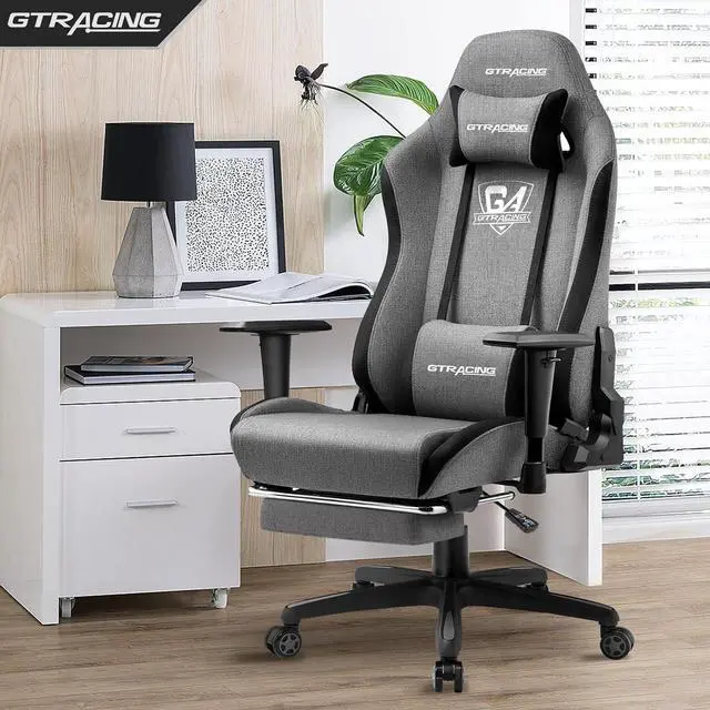 Alt view image 2 of 7 - GTRACING Gaming Chair with Footrest, Fabric Breathable Big and Tall Ergonomic Computer Chair 350 lbs with Adjustable Lumbar Support and ReclinerHigh Back Game Chair for Office Gaming, Grey