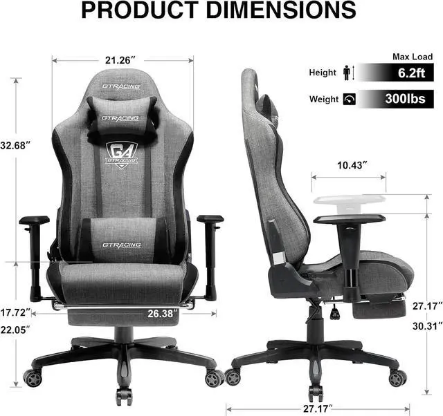 Alt view image 3 of 7 - GTRACING Gaming Chair with Footrest, Fabric Breathable Big and Tall Ergonomic Computer Chair 350 lbs with Adjustable Lumbar Support and ReclinerHigh Back Game Chair for Office Gaming, Grey