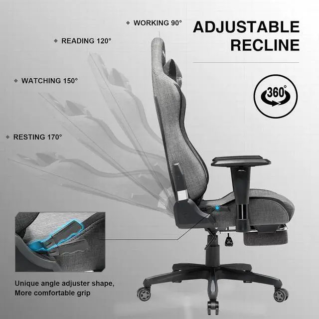 Alt view image 6 of 7 - GTRACING Gaming Chair with Footrest, Fabric Breathable Big and Tall Ergonomic Computer Chair 350 lbs with Adjustable Lumbar Support and ReclinerHigh Back Game Chair for Office Gaming, Grey