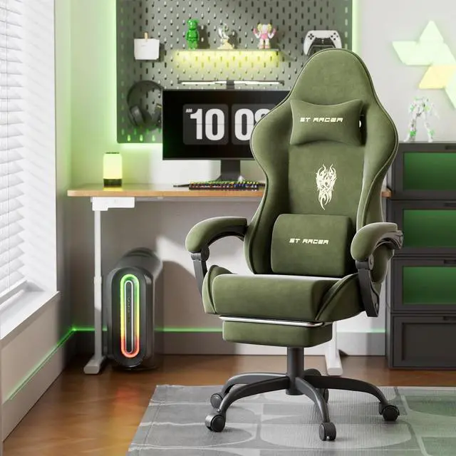 Alt view image 2 of 7 - Ferghana Velvet Fabric Gaming Chair, High Back Ergonomic Gamer Chair for Adult, Comfortable Video Game Chair with Footrest and Massage Lumbar Cushion, Racing Reclining Office Computer Desk Chair Green
