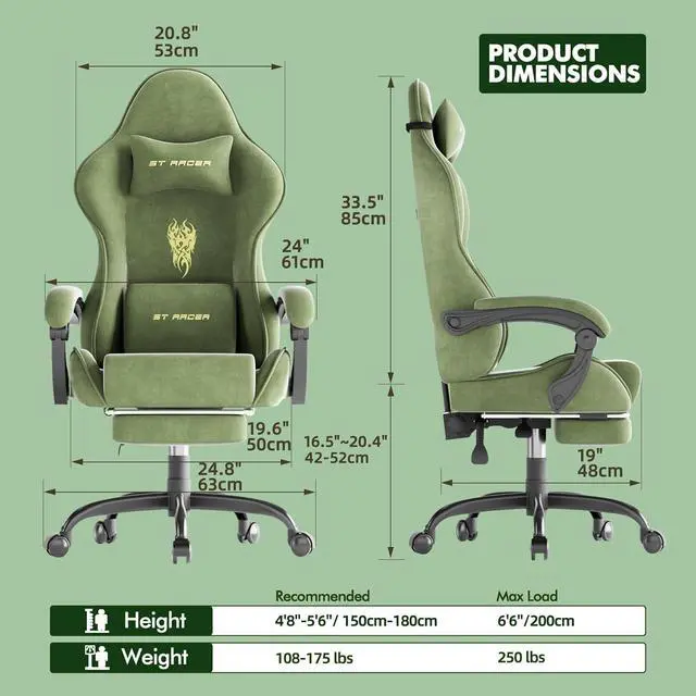 Alt view image 3 of 7 - Ferghana Velvet Fabric Gaming Chair, High Back Ergonomic Gamer Chair for Adult, Comfortable Video Game Chair with Footrest and Massage Lumbar Cushion, Racing Reclining Office Computer Desk Chair Green