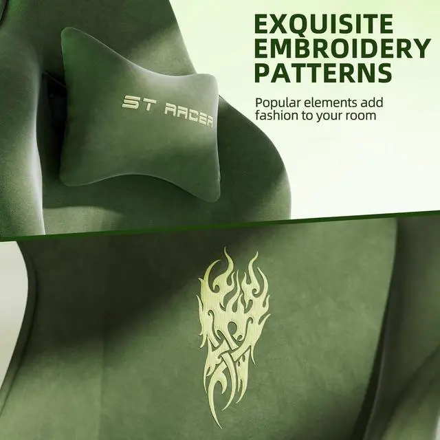 Alt view image 4 of 7 - Ferghana Velvet Fabric Gaming Chair, High Back Ergonomic Gamer Chair for Adult, Comfortable Video Game Chair with Footrest and Massage Lumbar Cushion, Racing Reclining Office Computer Desk Chair Green