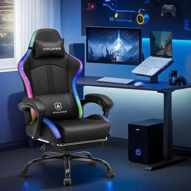Alt view image 2 of 7 - GTPLAYER RGB Gaming Chair, Computer Gamer Chair with Footrest and LED Lights, PC Gamer Chairs for Adults, High Back Reclining Office Chairs, Linkage Armrest (Black)
