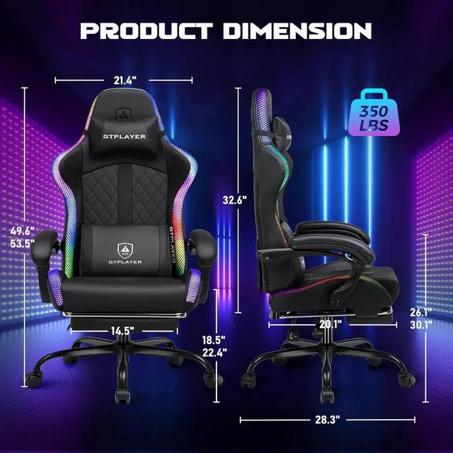 Alt view image 3 of 7 - GTPLAYER RGB Gaming Chair, Computer Gamer Chair with Footrest and LED Lights, PC Gamer Chairs for Adults, High Back Reclining Office Chairs, Linkage Armrest (Black)