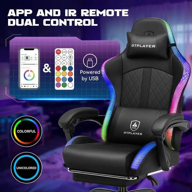 Alt view image 4 of 7 - GTPLAYER RGB Gaming Chair, Computer Gamer Chair with Footrest and LED Lights, PC Gamer Chairs for Adults, High Back Reclining Office Chairs, Linkage Armrest (Black)