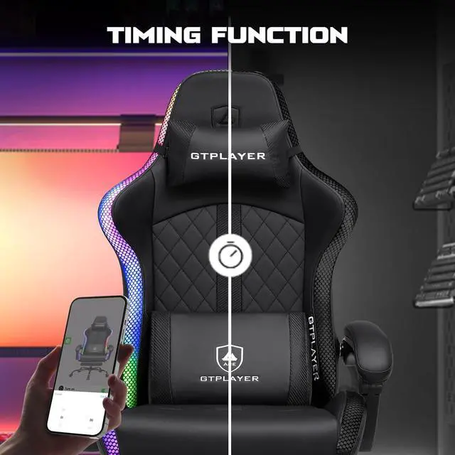 Alt view image 5 of 7 - GTPLAYER RGB Gaming Chair, Computer Gamer Chair with Footrest and LED Lights, PC Gamer Chairs for Adults, High Back Reclining Office Chairs, Linkage Armrest (Black)