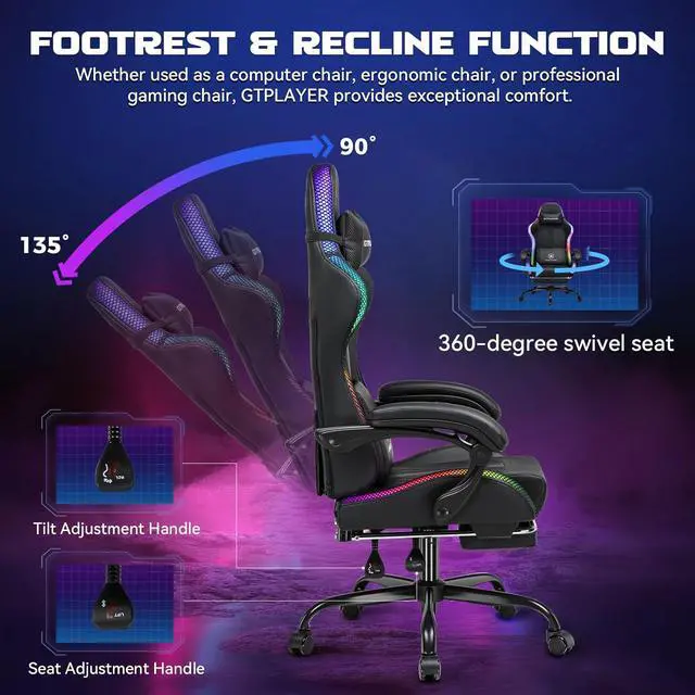 Alt view image 6 of 7 - GTPLAYER RGB Gaming Chair, Computer Gamer Chair with Footrest and LED Lights, PC Gamer Chairs for Adults, High Back Reclining Office Chairs, Linkage Armrest (Black)