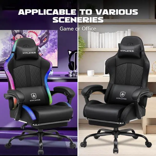 Alt view image 7 of 7 - GTPLAYER RGB Gaming Chair, Computer Gamer Chair with Footrest and LED Lights, PC Gamer Chairs for Adults, High Back Reclining Office Chairs, Linkage Armrest (Black)