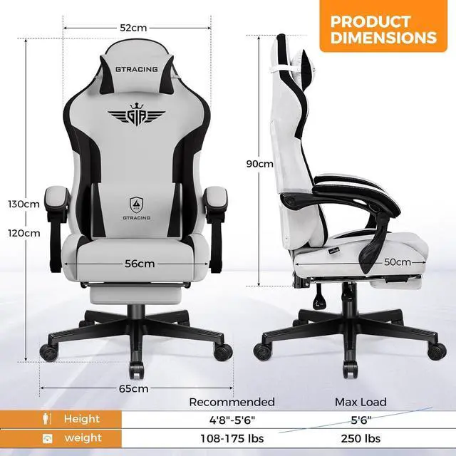 Alt view image 3 of 7 - GTRACING Gaming Chair, Computer Office Chair Lumbar Support, Linkage Armrests and Footrest, Ergonomic Game Chair for Adults with Extended Backrest, Fabric, Grey