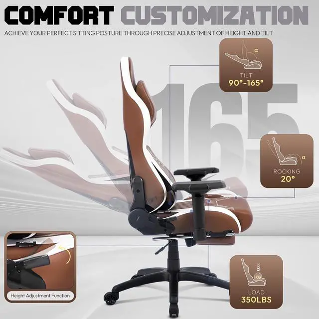 Alt view image 5 of 7 - Dowinx PU Leather Gaming Chair with Footrest, 4D Armrests Adjustable Office Computer Chair with Headrest Lumbar Support Big and Tall Ergonomic Video Gamer Chair 350lb for Adults Teens Brown