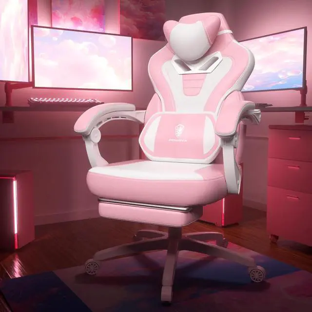 Alt view image 2 of 7 - Dowinx Gaming Chair with Footrest, Big and Tall Gaming Chair for Heavy People, Computer/PC Gamer Chair for Adult with Massage (Pink)